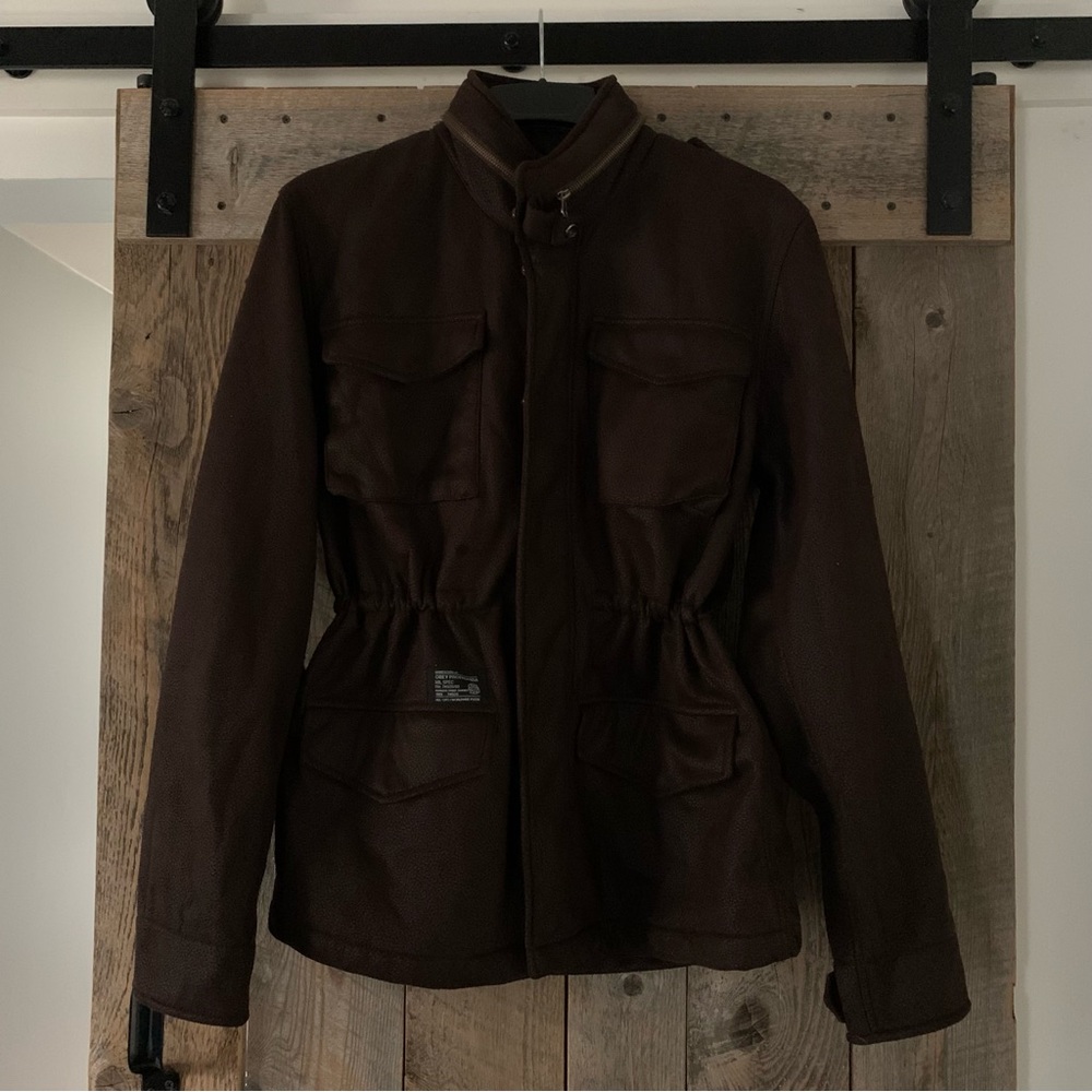Women’s XL OBEY PROPAGANDA MILITARY SPEC Brown Leather Look Cargo Jacket Hood EC